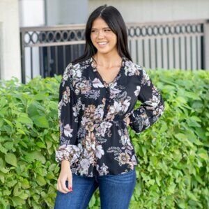 Vanilla Bay Liora Black Floral Tie Front Long Sleeve Blouse L